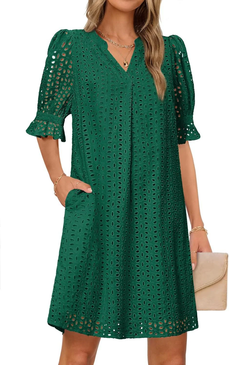 Damen Luftiges Sommerkleid mit Romantischem Lochmuster und Praktischen Taschen Heidi-Mode