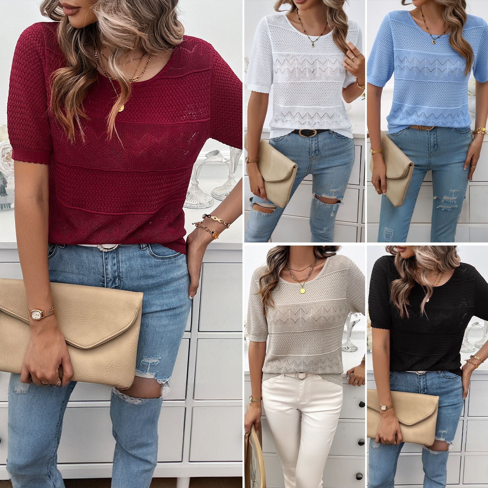 Damen Luftiges Strickoberteil mit Modischen Lochmuster und Charmantem Rüschenabschluss Heidi-Mode - Image 2