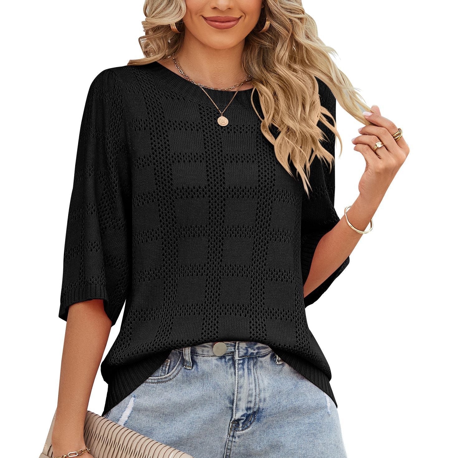 Damen Luftiges Strickoberteil mit Weitem Schnitt und Modernen Lochmuster Heidi-Mode - Image 7