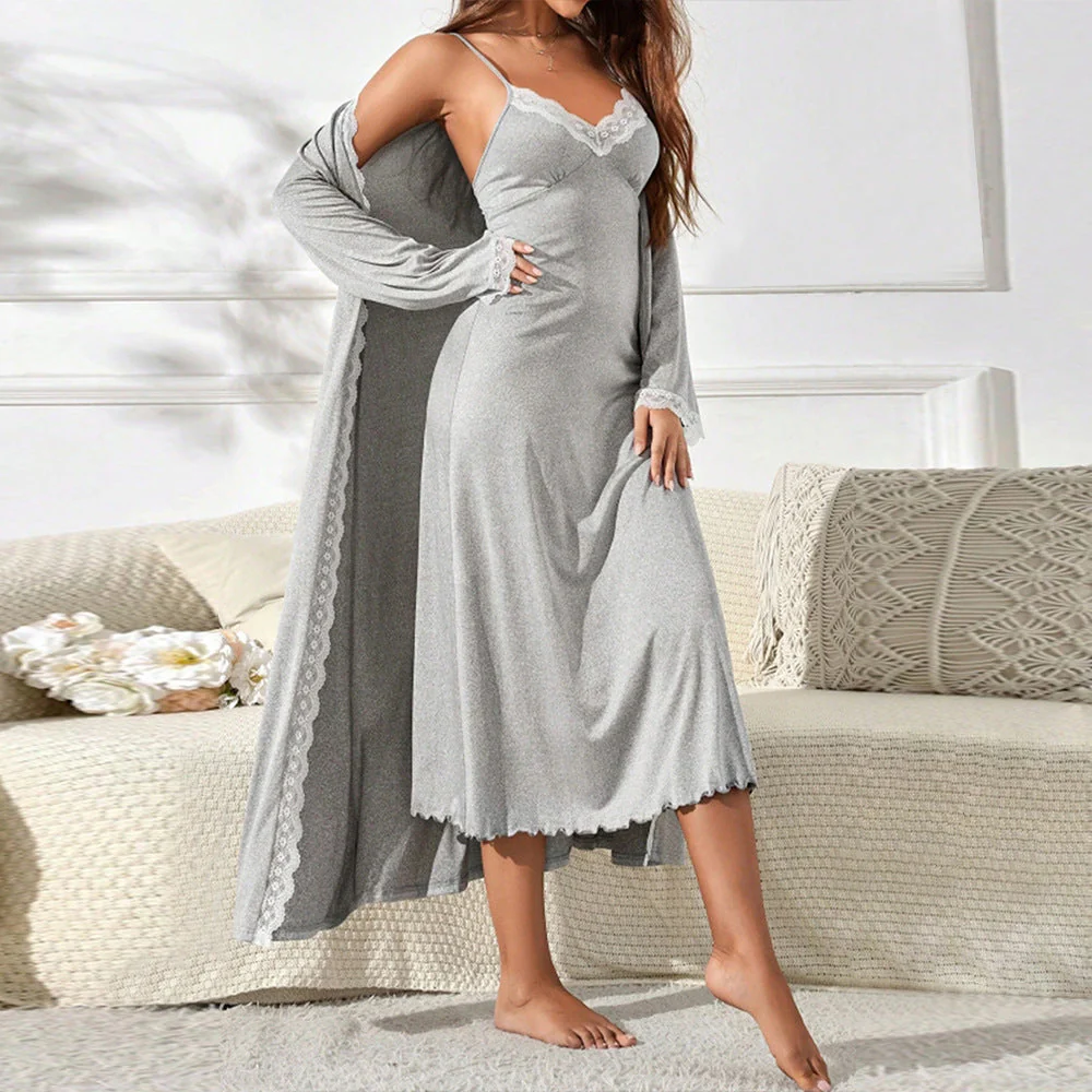 Damen Luxuriöses Nachthemd mit Elegantem Spitzenbesatz und Langem Cardigan Heidi-Mode - Image 6