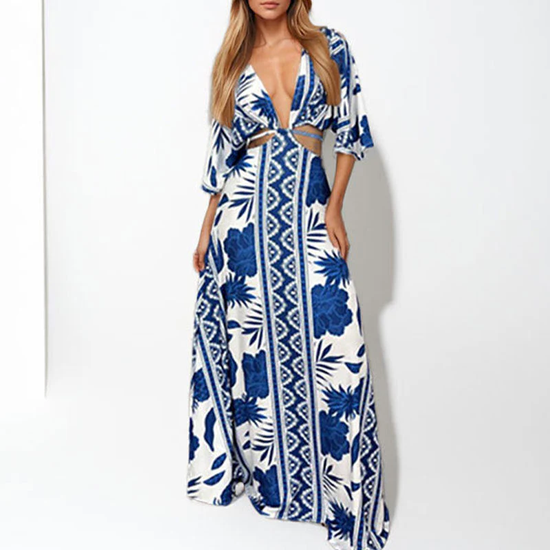 Damen Maxi-Kleid mit Tiefem V-Ausschnitt und Wellenmuster Heidi-Mode