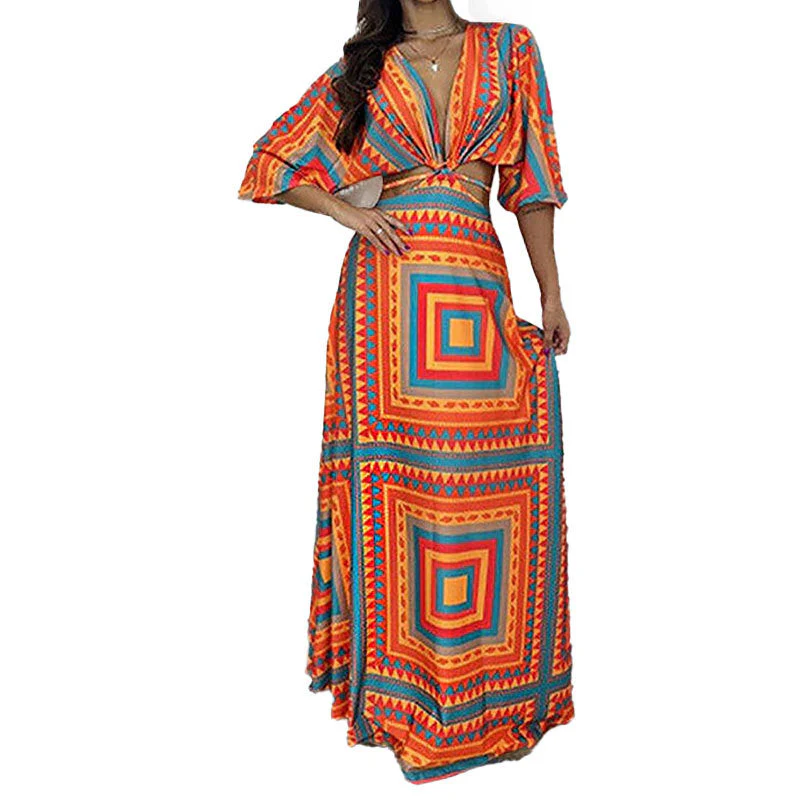 Damen Maxi-Kleid mit Tiefem V-Ausschnitt und Wellenmuster Heidi-Mode - Image 5