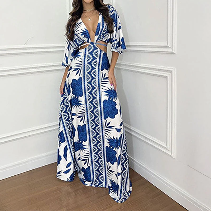 Damen Maxi-Kleid mit Tiefem V-Ausschnitt und Wellenmuster Heidi-Mode - Image 6