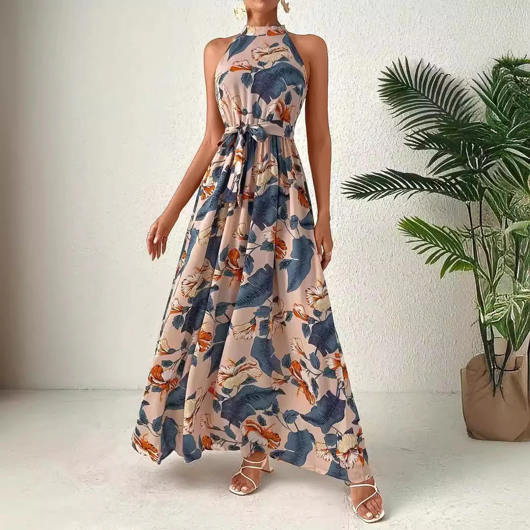 Damen Maxikleid Im Boho-Stil mit Hohem Kragen und Bindegürtel Heidi-Mode - Image 2