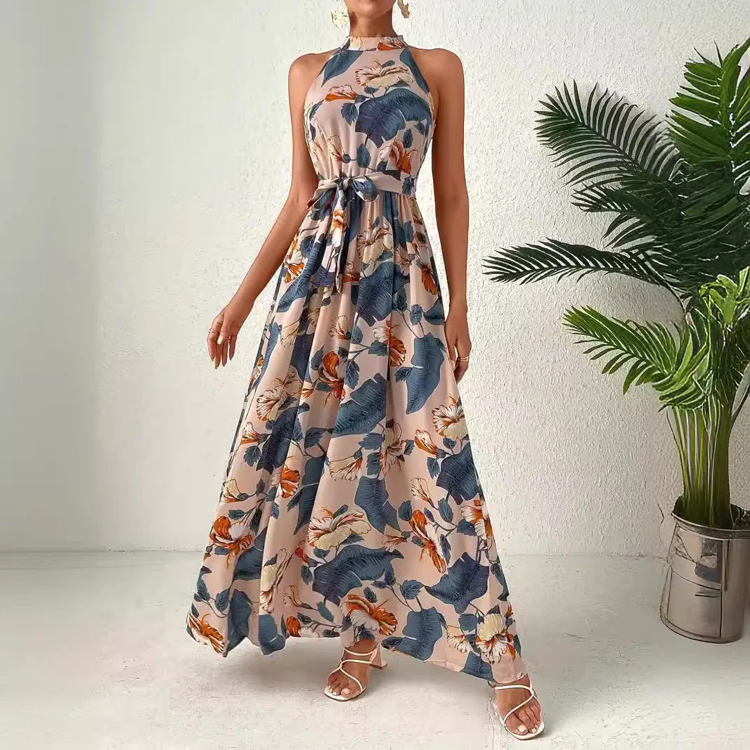 Damen Maxikleid Im Boho-Stil mit Hohem Kragen und Bindegürtel Heidi-Mode - Image 4