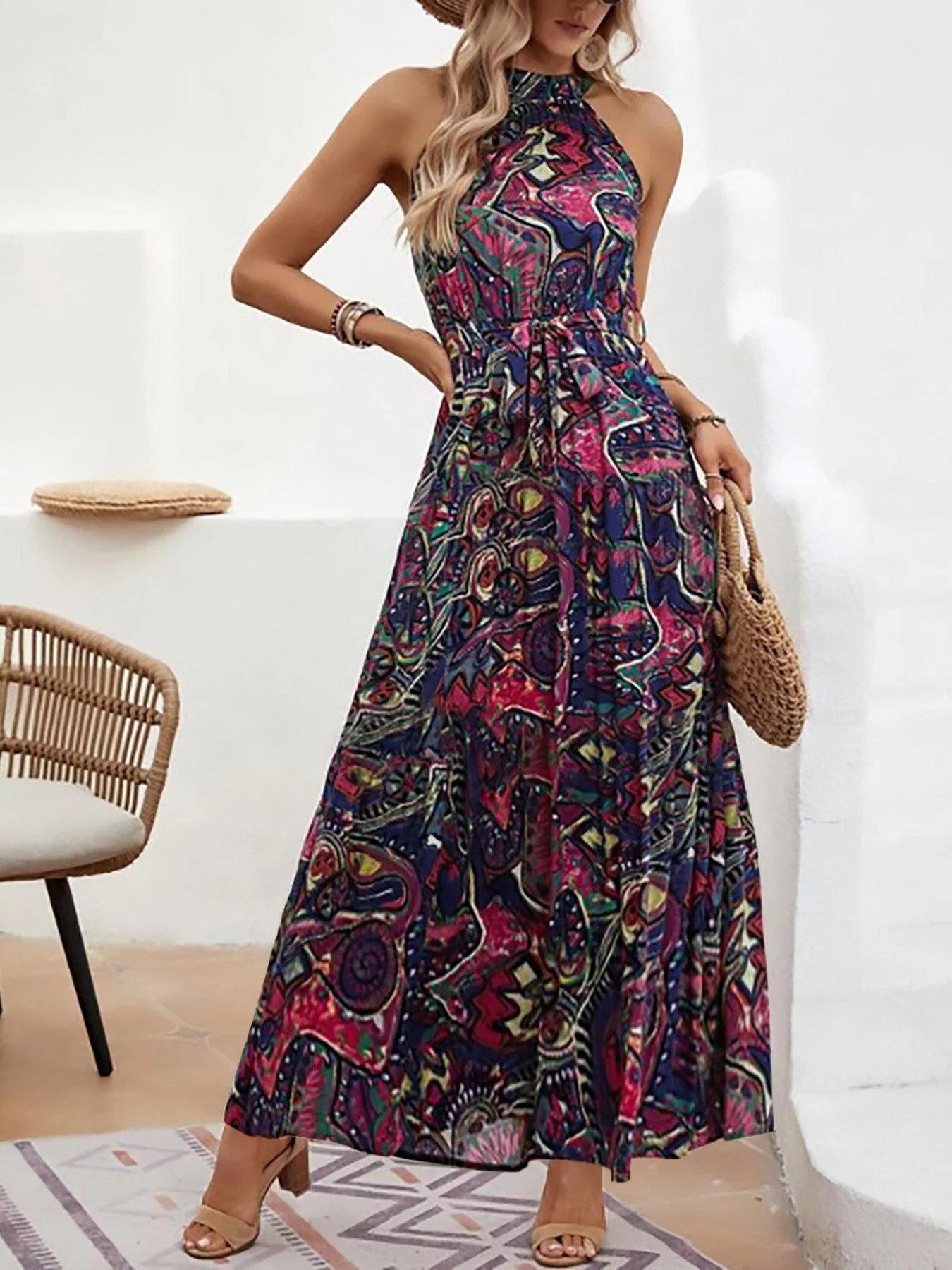 Damen Maxikleid Im Boho-Stil mit Hohem Kragen und Bindegürtel Heidi-Mode - Image 7
