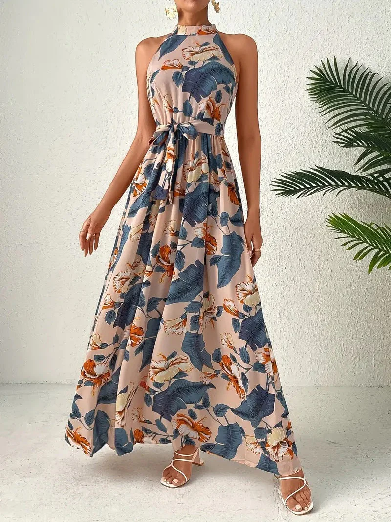 Damen Maxikleid Im Boho-Stil mit Hohem Kragen und Bindegürtel Heidi-Mode - Image 8