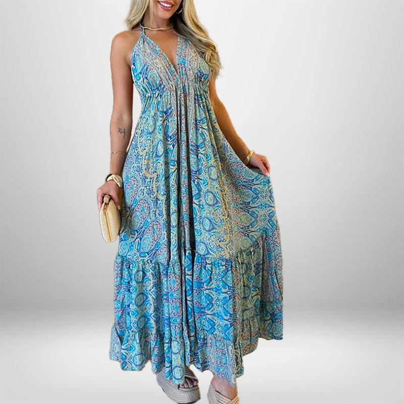Damen Maxikleid Im Verspielten Boho-Stil mit Tiefem V-Ausschnitt und Schwingendem Rock Heidi-Mode - Image 3