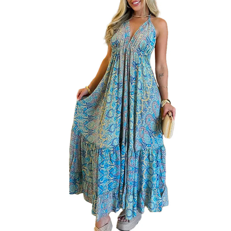 Damen Maxikleid Im Verspielten Boho-Stil mit Tiefem V-Ausschnitt und Schwingendem Rock Heidi-Mode - Image 5