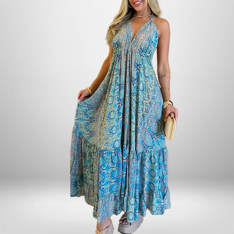 Damen Maxikleid Im Verspielten Boho-Stil mit Tiefem V-Ausschnitt und Schwingendem Rock Heidi-Mode - Image 6