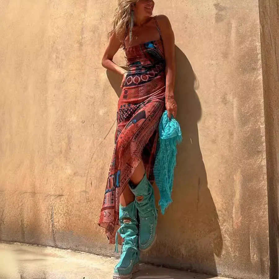 Damen Maxikleid mit Asymmetrischem Ethno-Muster und Schmalen Spaghettiträgern Heidi-Mode - Image 3