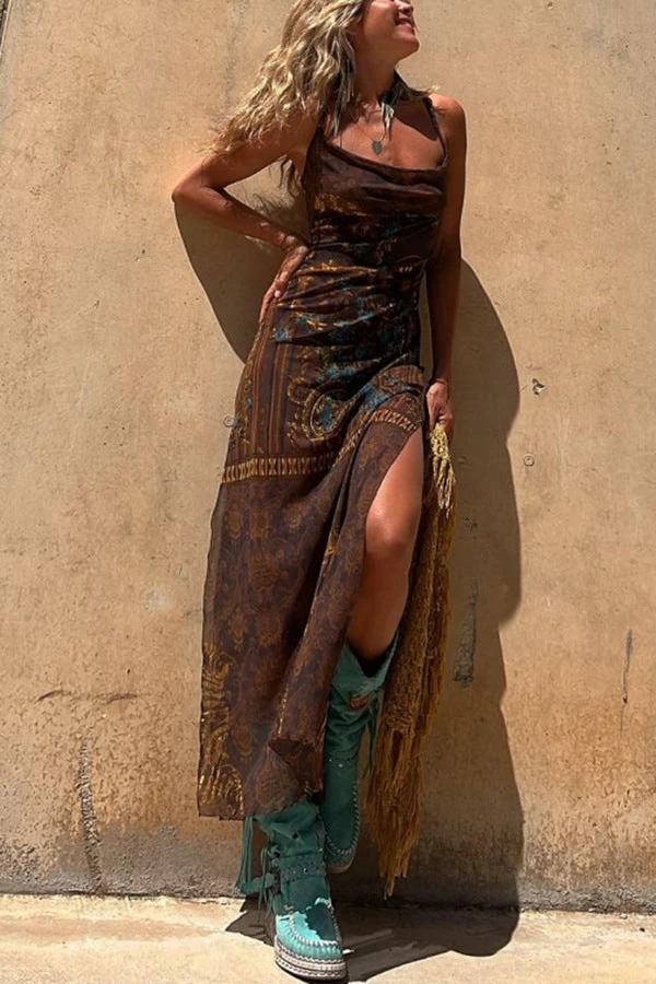Damen Maxikleid mit Asymmetrischem Ethno-Muster und Schmalen Spaghettiträgern Heidi-Mode - Image 6