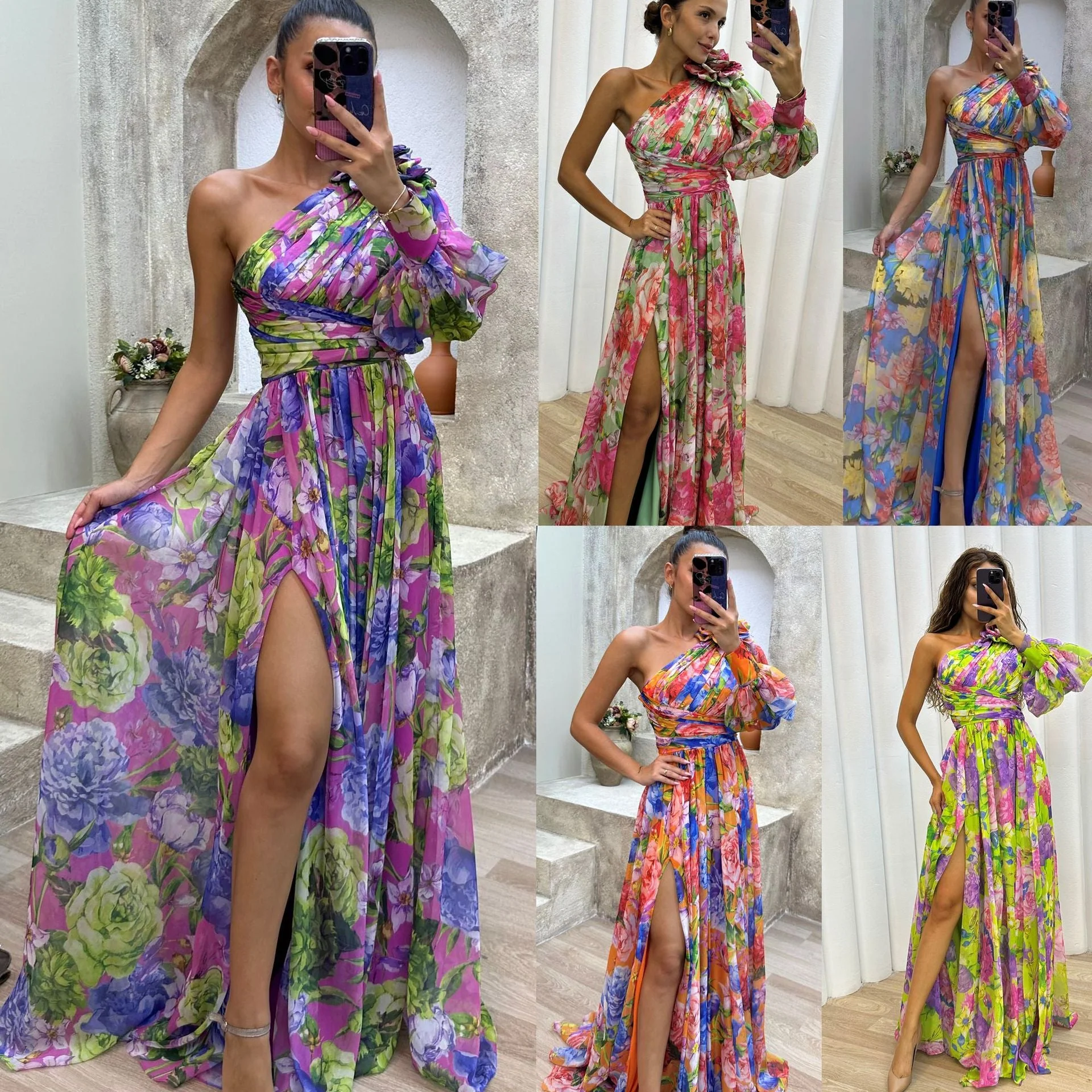 Damen Maxikleid mit Asymmetrischem Schnitt und Floralen Applikationen Heidi-Mode