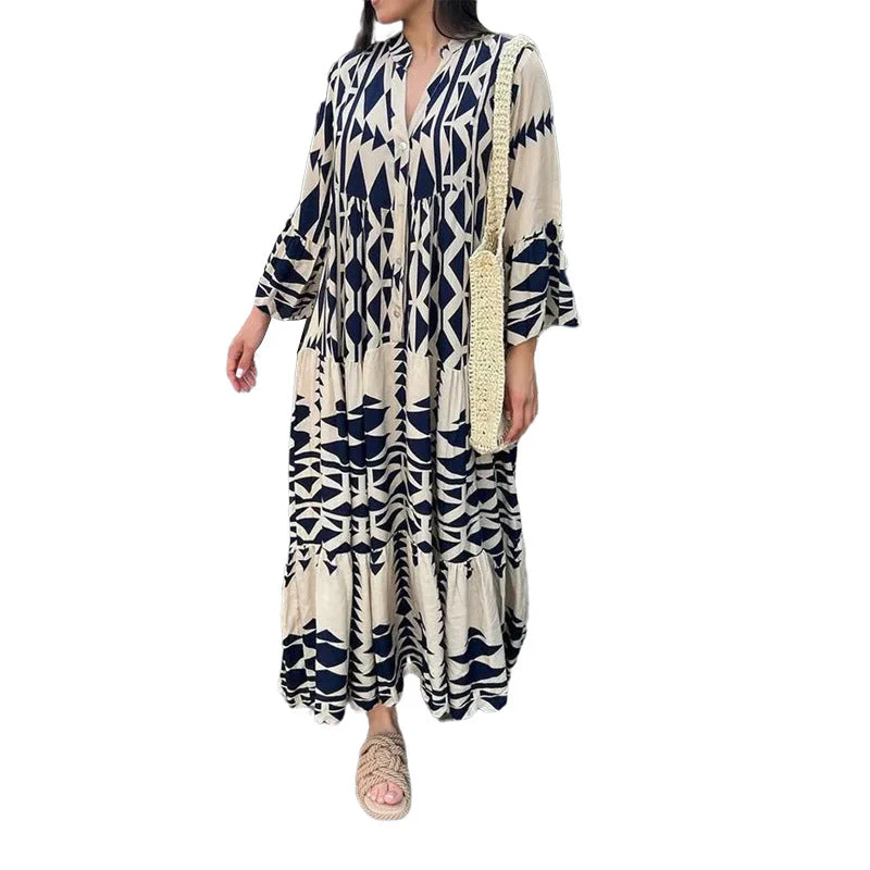 Damen Maxikleid mit Geometrischem Muster und Fließendem Schnitt Heidi-Mode