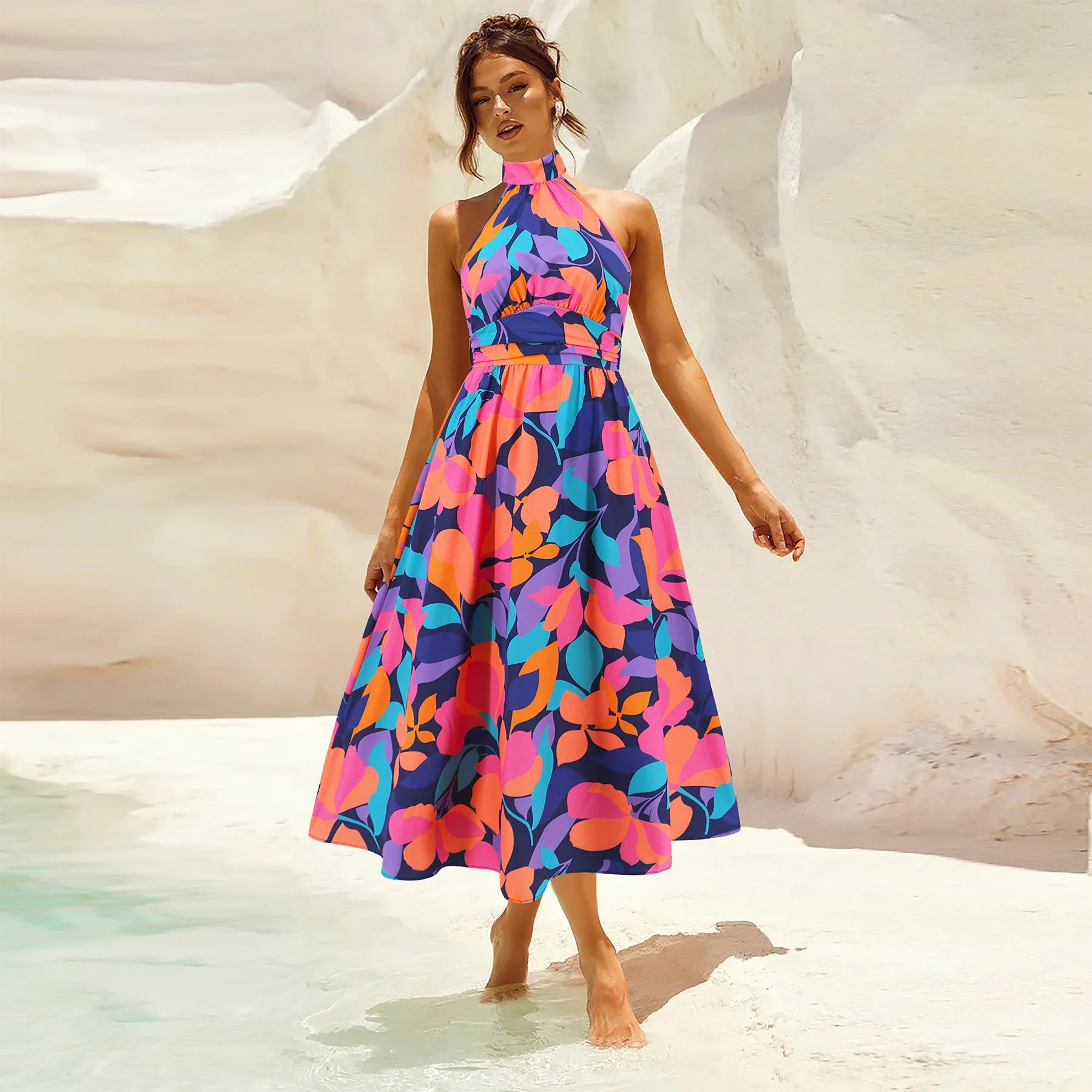 Damen Maxikleid mit Hochgeschlossenem Kragen und Buntem Blätterdruck Heidi-Mode - Image 2