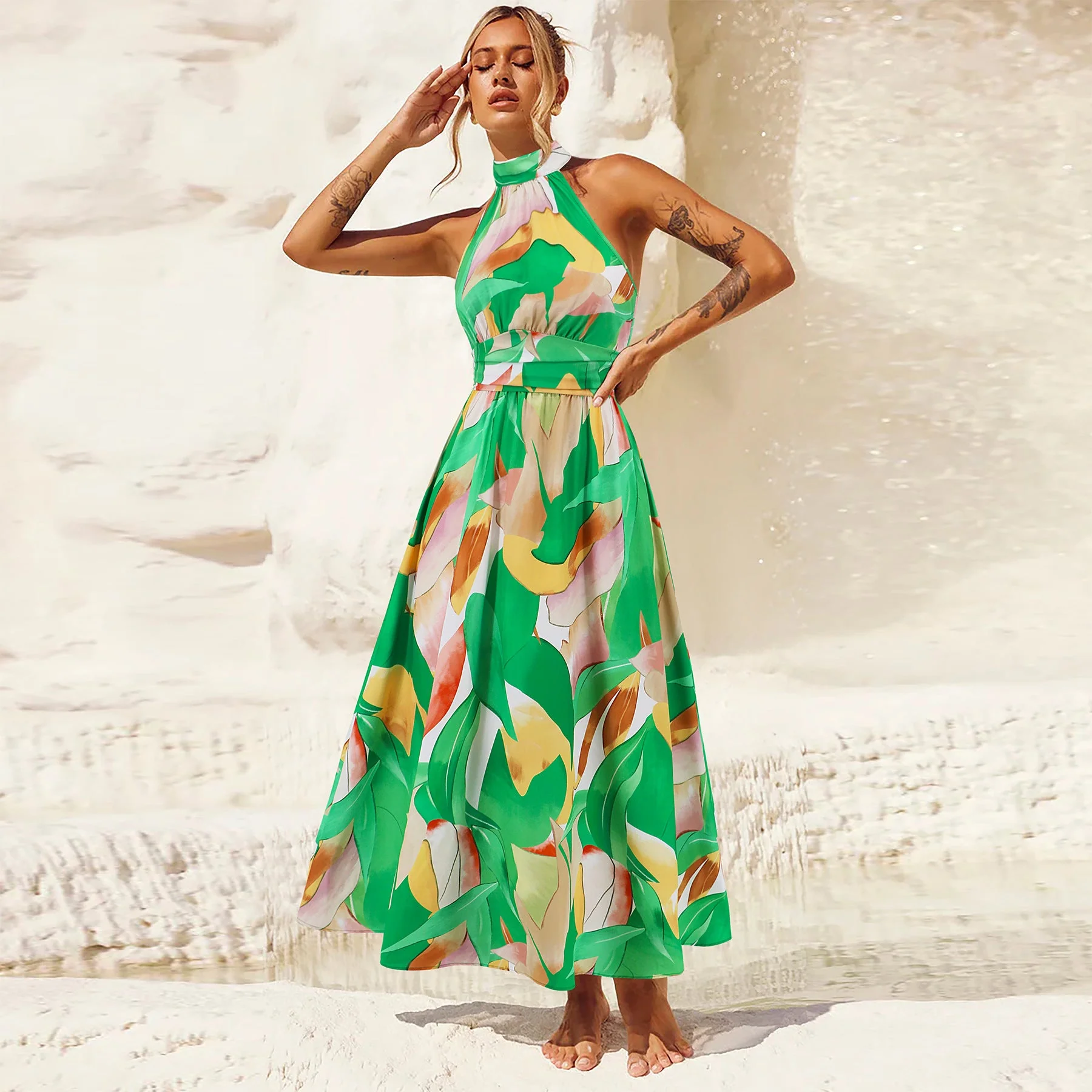 Damen Maxikleid mit Hochgeschlossenem Kragen und Buntem Blätterdruck Heidi-Mode - Image 3