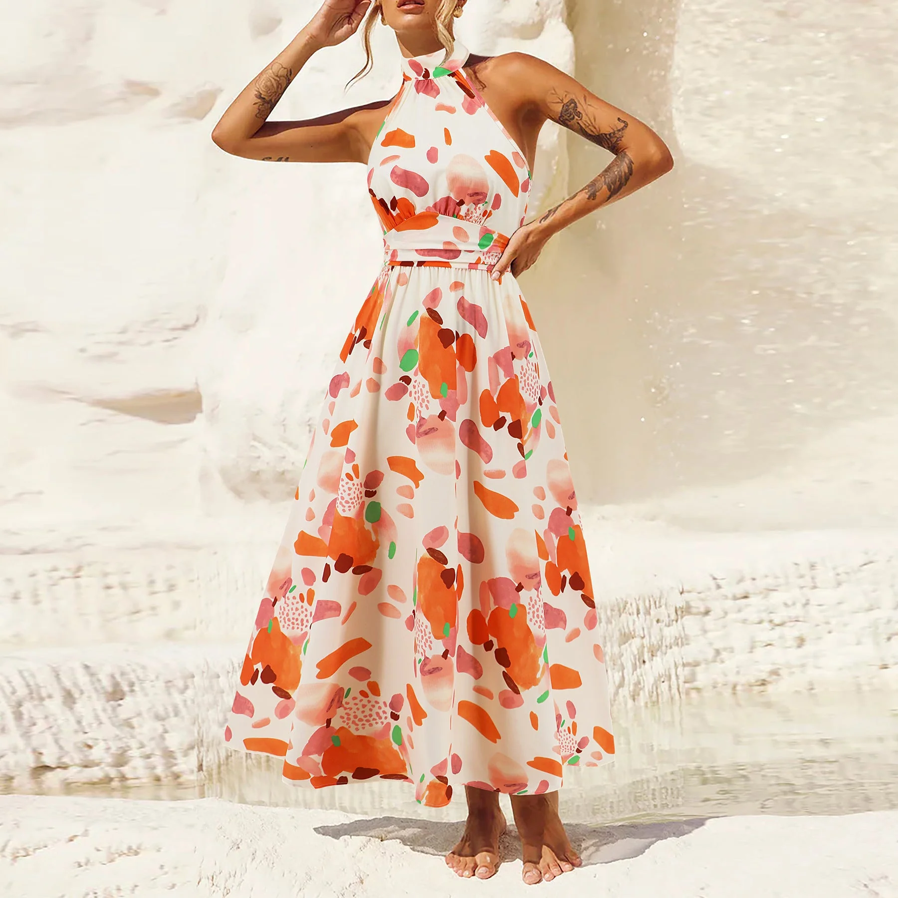 Damen Maxikleid mit Hochgeschlossenem Kragen und Buntem Blätterdruck Heidi-Mode - Image 7