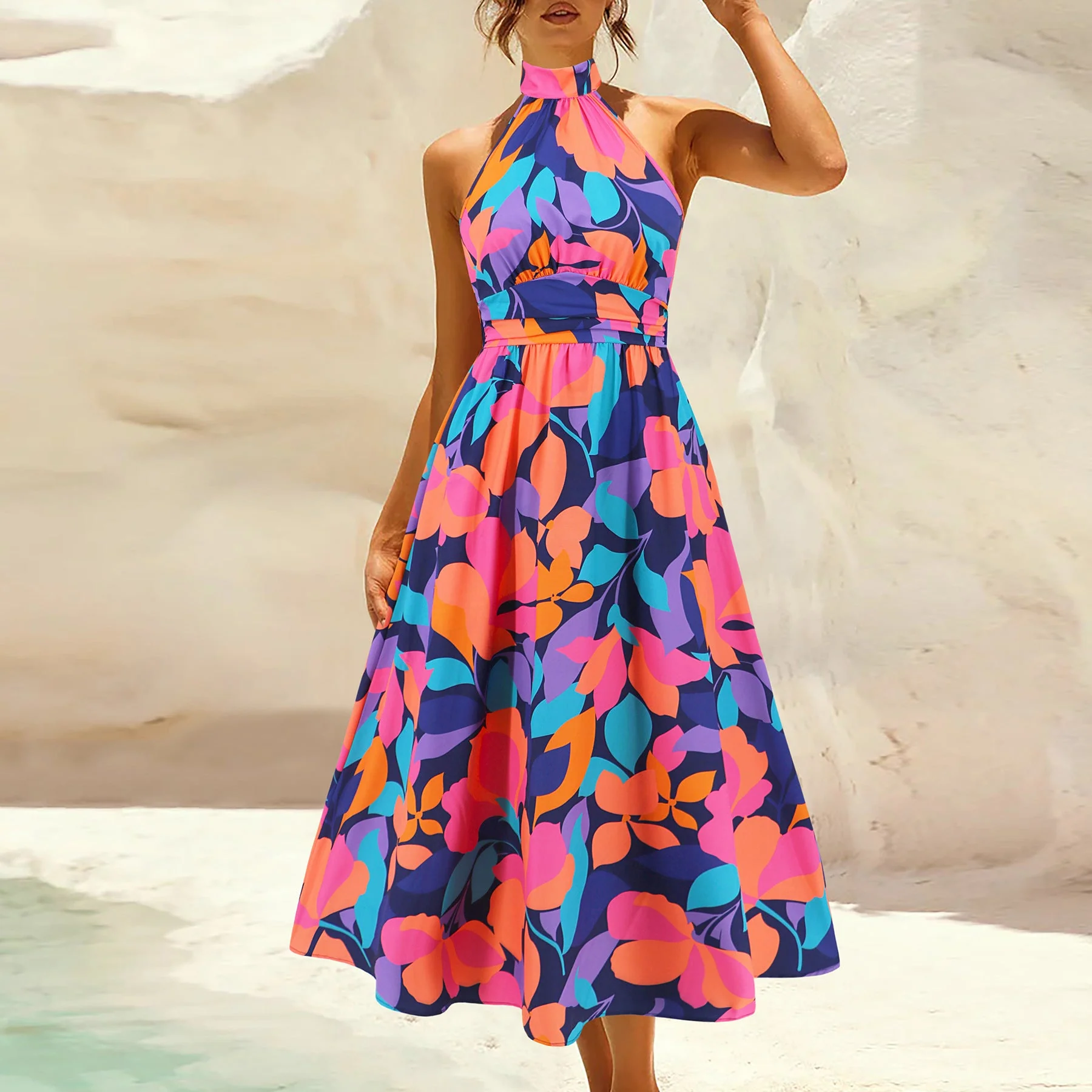 Damen Maxikleid mit Hochgeschlossenem Kragen und Buntem Blätterdruck Heidi-Mode - Image 8
