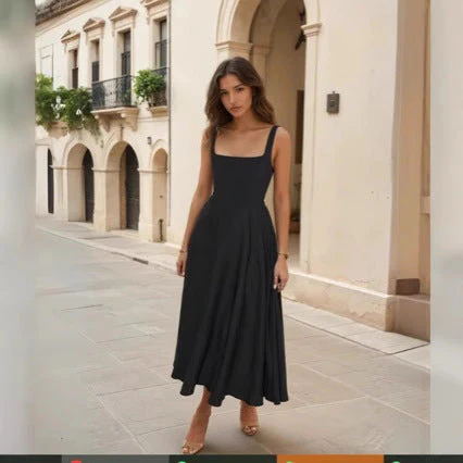 Damen Maxikleid mit Quadratischen Ausschnitten und Fließendem Rock Heidi-Mode