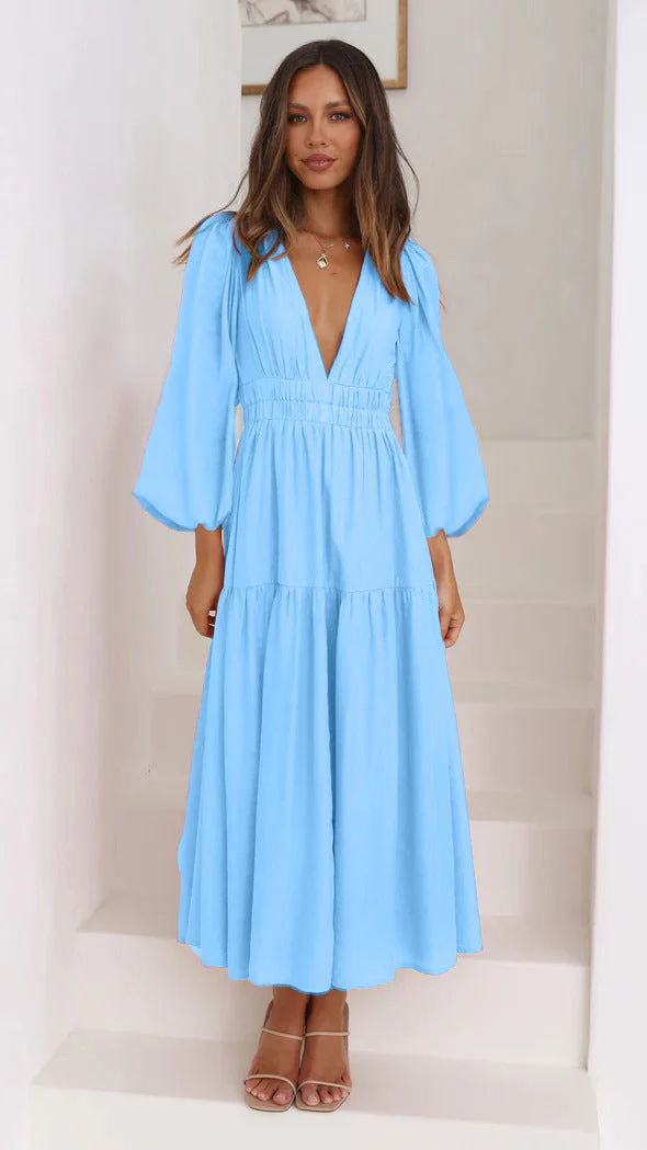 Damen Maxikleid mit Tiefem V-Ausschnitt und Weit Ausgestellten Ärmeln Heidi-Mode - Image 15