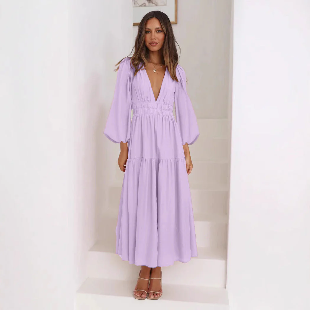 Damen Maxikleid mit Tiefem V-Ausschnitt und Weit Ausgestellten Ärmeln Heidi-Mode - Image 3