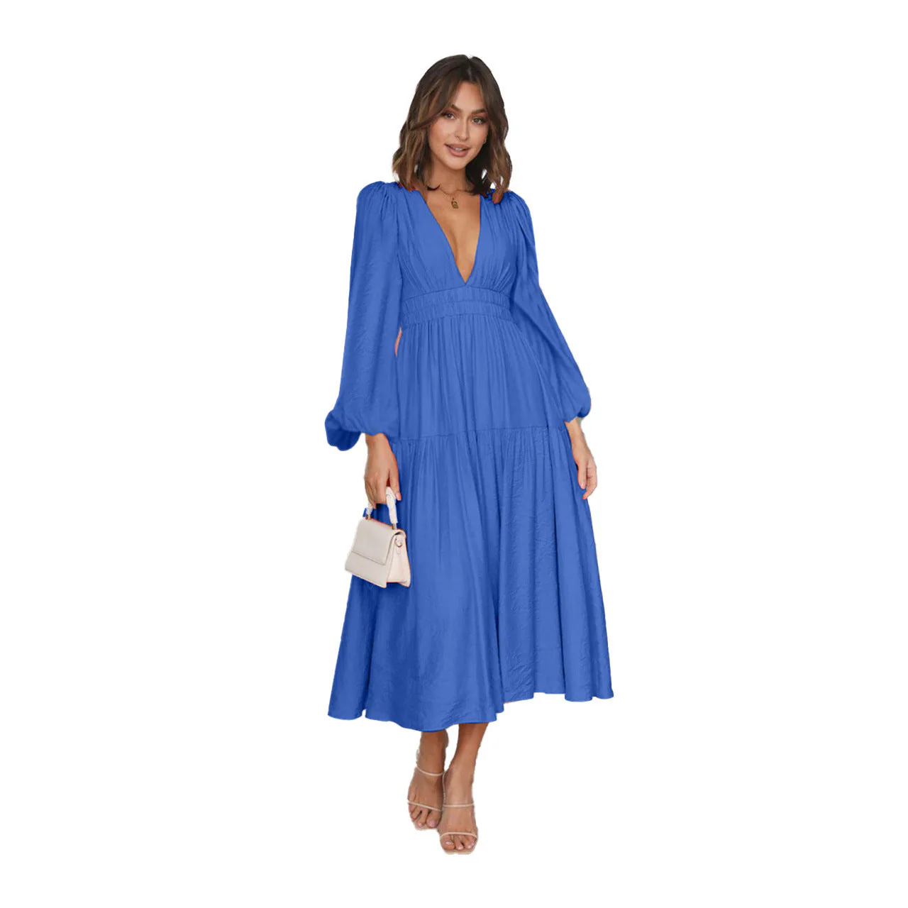 Damen Maxikleid mit Tiefem V-Ausschnitt und Weit Ausgestellten Ärmeln Heidi-Mode - Image 5