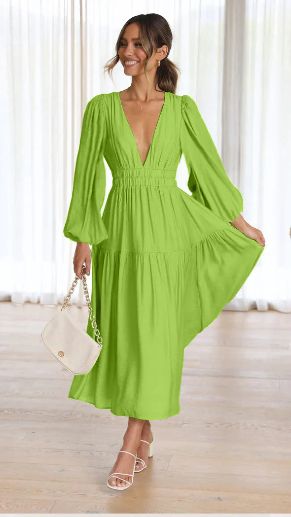 Damen Maxikleid mit Tiefem V-Ausschnitt und Weit Ausgestellten Ärmeln Heidi-Mode - Image 8
