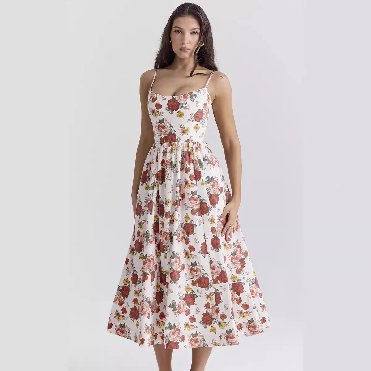 Damen Midi-Kleid mit elegantem Blumenmuster und zartem Taillenzug Heidi-Mode - Image 4