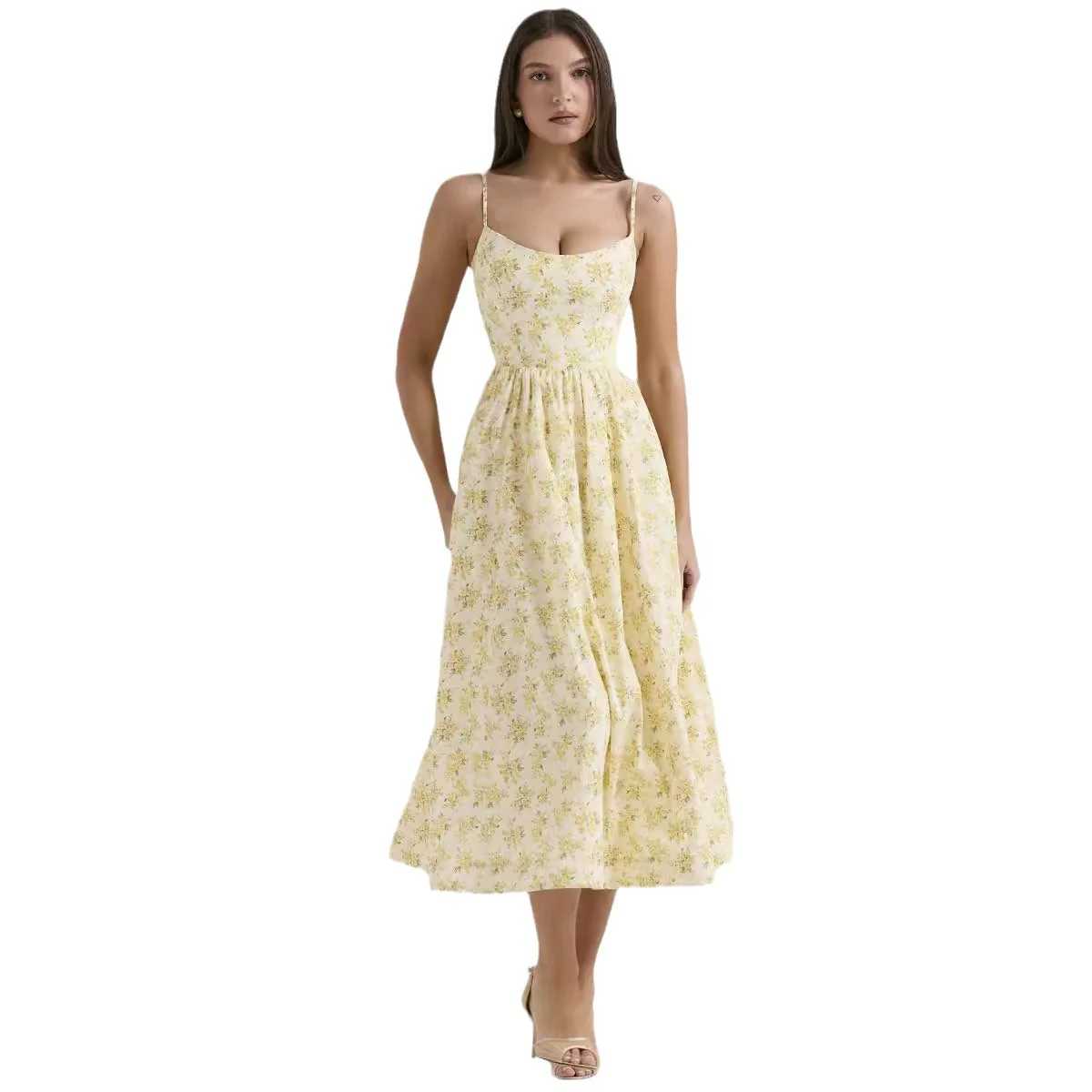 Damen Midi-Kleid mit elegantem Blumenmuster und zartem Taillenzug Heidi-Mode - Image 5