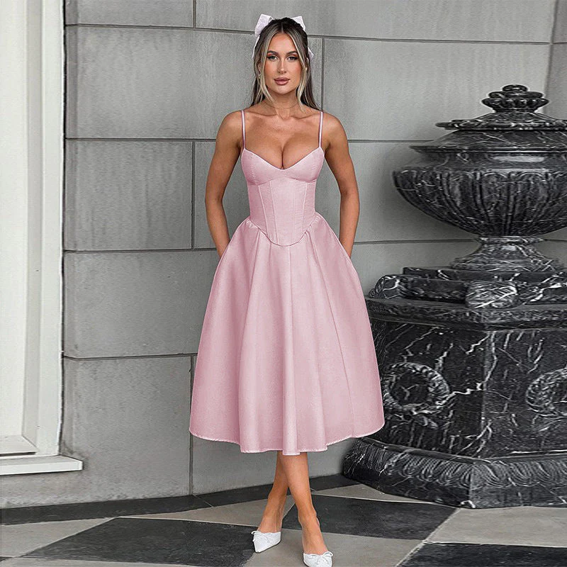 Damen Midi Kleid mit Figurbetonter Corsage und Schwingendem Rock Heidi-Mode