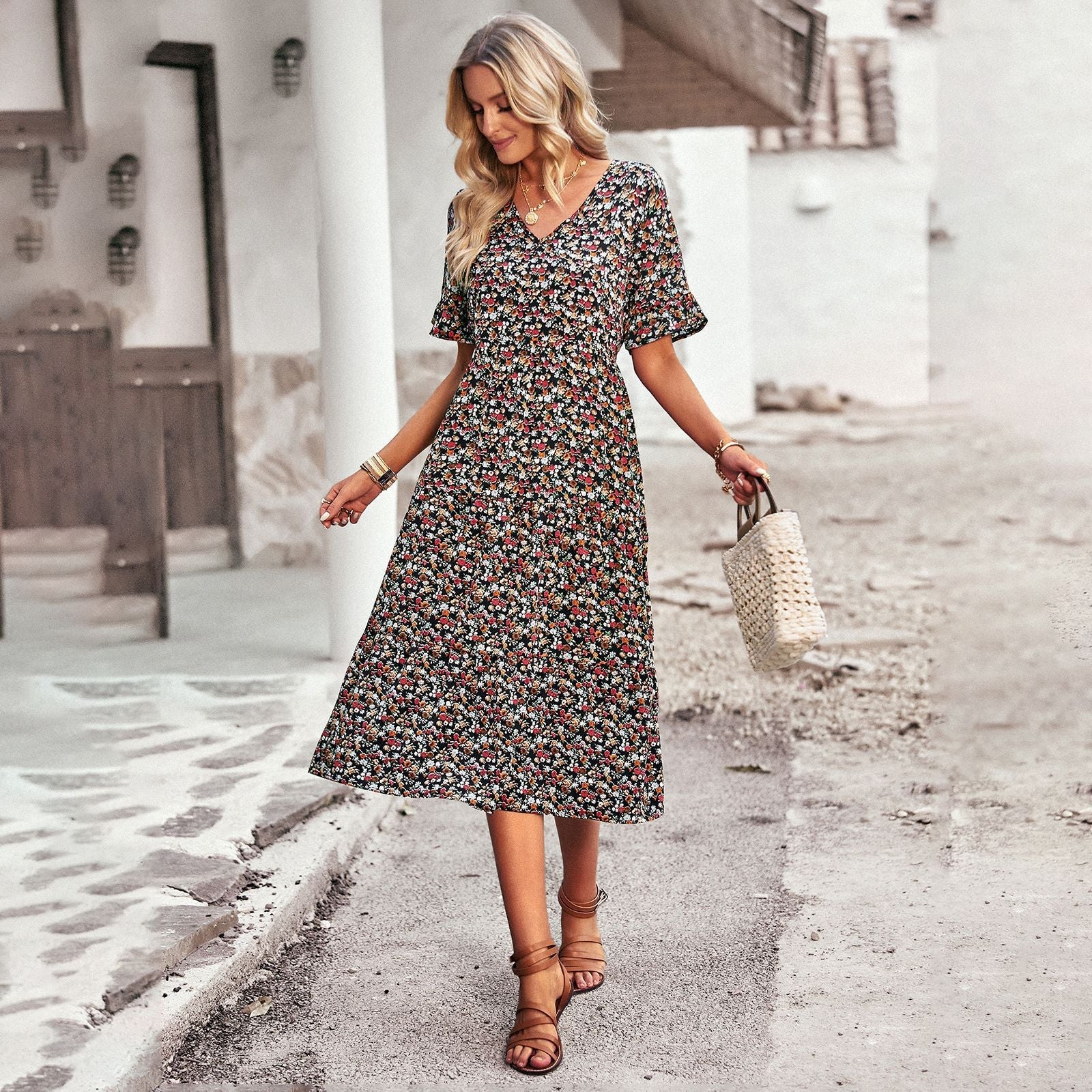 Damen Midi-Kleid mit Floralem Muster und Verspieltem V-Ausschnitt Heidi-Mode - Image 3