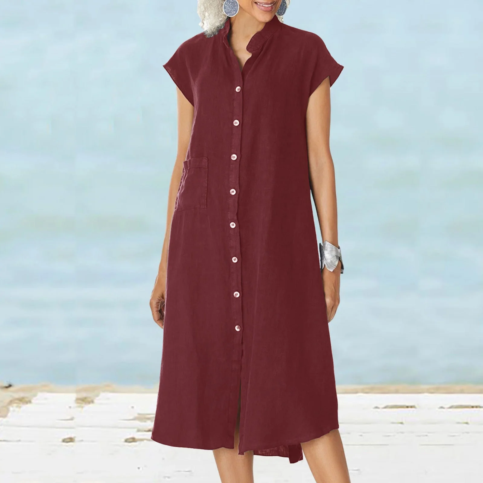 Damen Midi-Kleid mit Komfortablem Hemdkragen und Praktischen Seitentaschen Heidi-Mode - Image 5