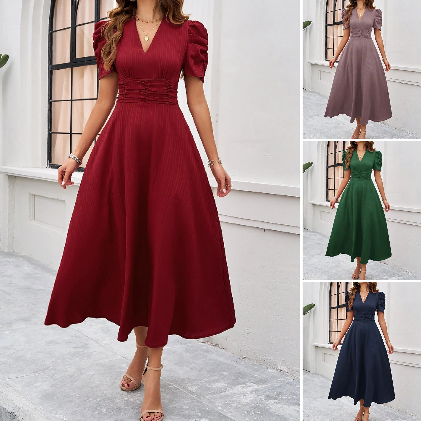 Damen Midi Kleid mit Puffärmeln und V-Ausschnitt Heidi-Mode
