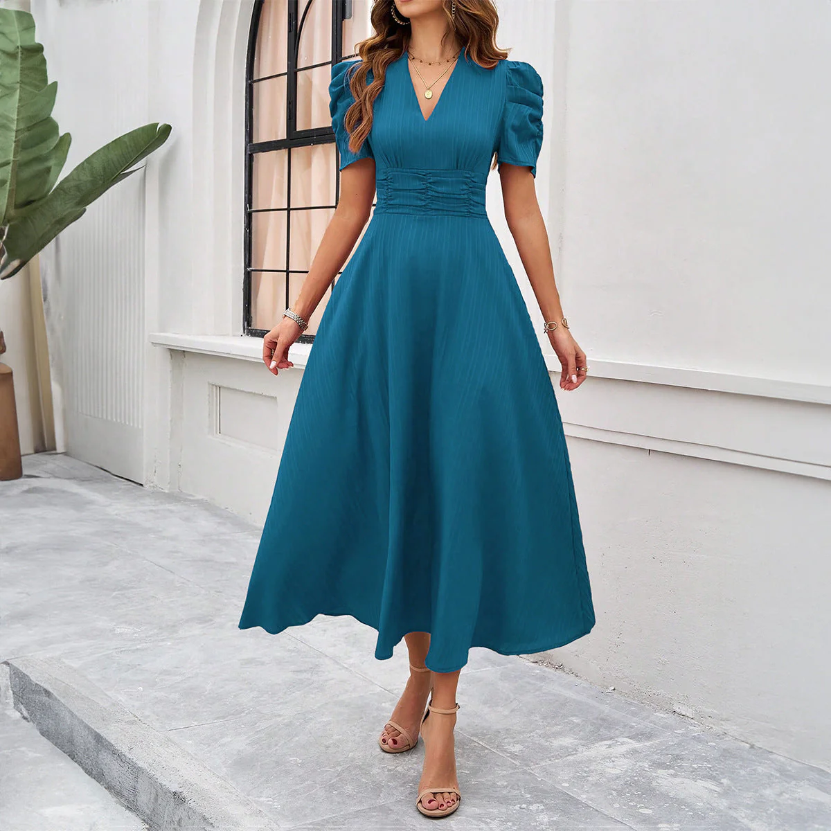Damen Midi Kleid mit Puffärmeln und V-Ausschnitt Heidi-Mode - Image 8
