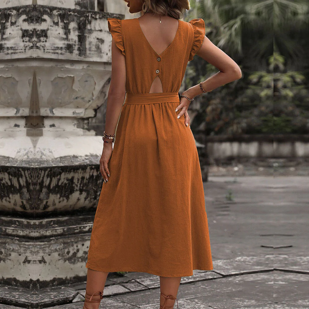 Damen Midi-Kleid mit Rüschendetails und Tailliertem Bindegürtel Heidi-Mode - Image 2