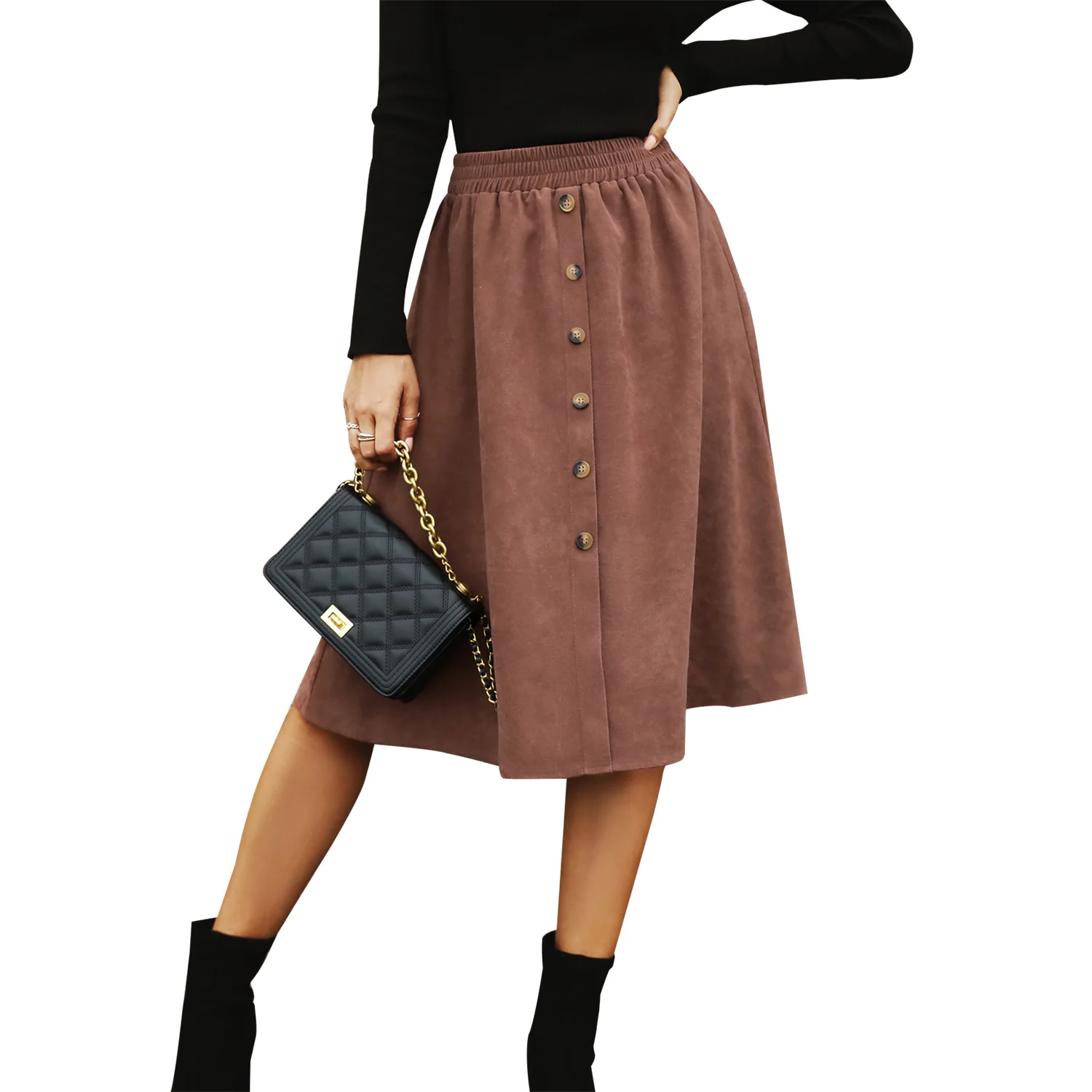 Damen Midi-Suede-Rock mit Knopfdetails Heidi Mode - Image 3
