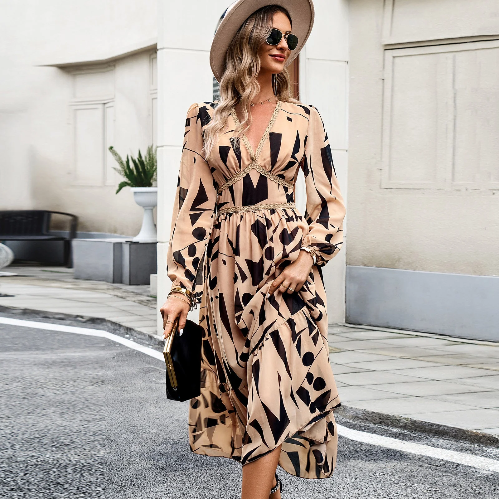 Damen Midikleid mit Asymmetrischer Besatz und Tiefem V-Ausschnitt Heidi-Mode - Image 9