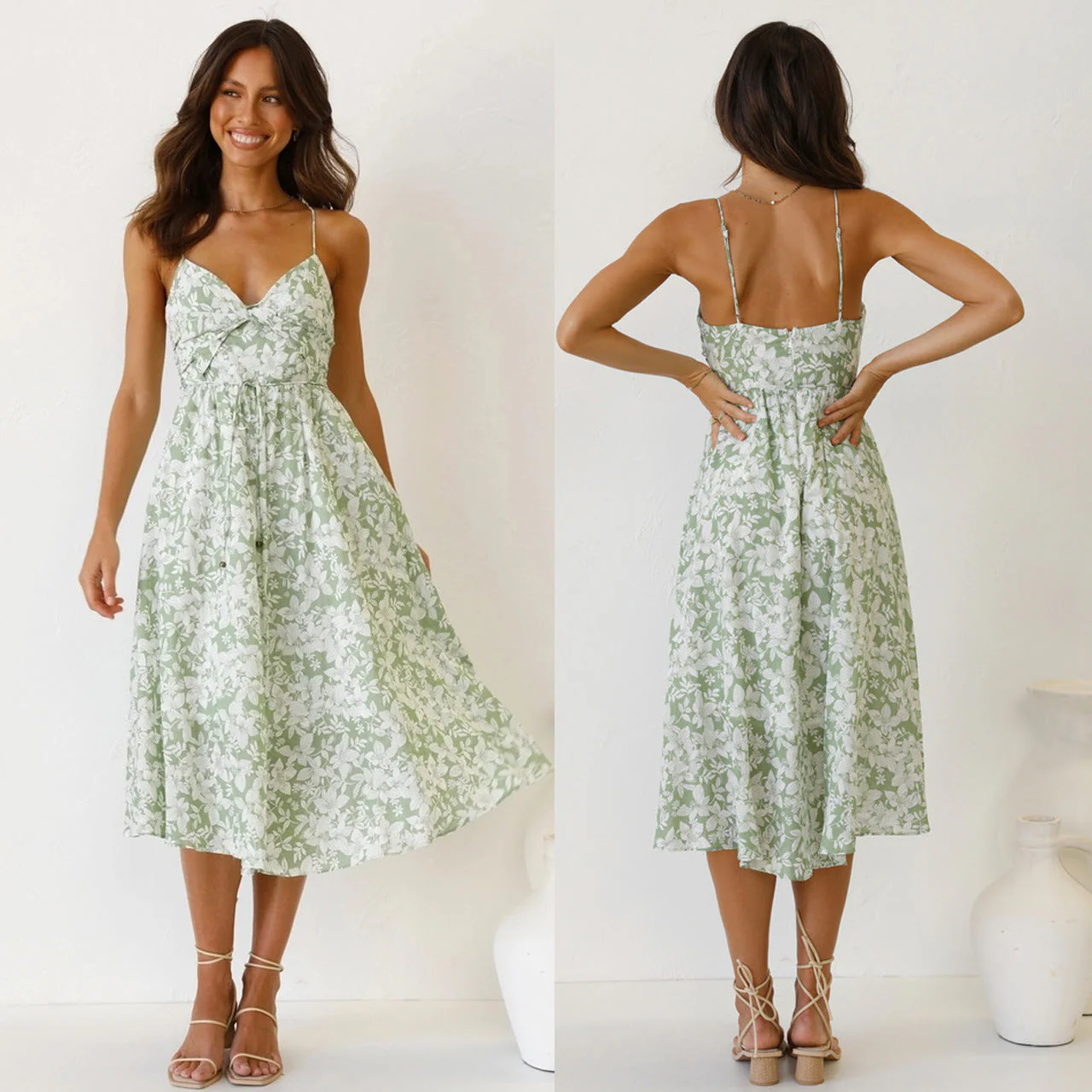 Damen Midikleid mit Floralem Muster und Verstellbaren Spaghettiträgern Heidi-Mode