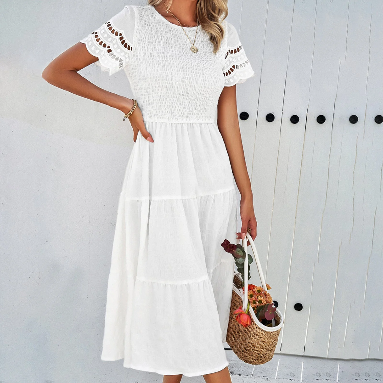 Damen Midikleid mit Puffärmeln und Elastischem Oberteil Heidi-Mode - Image 7