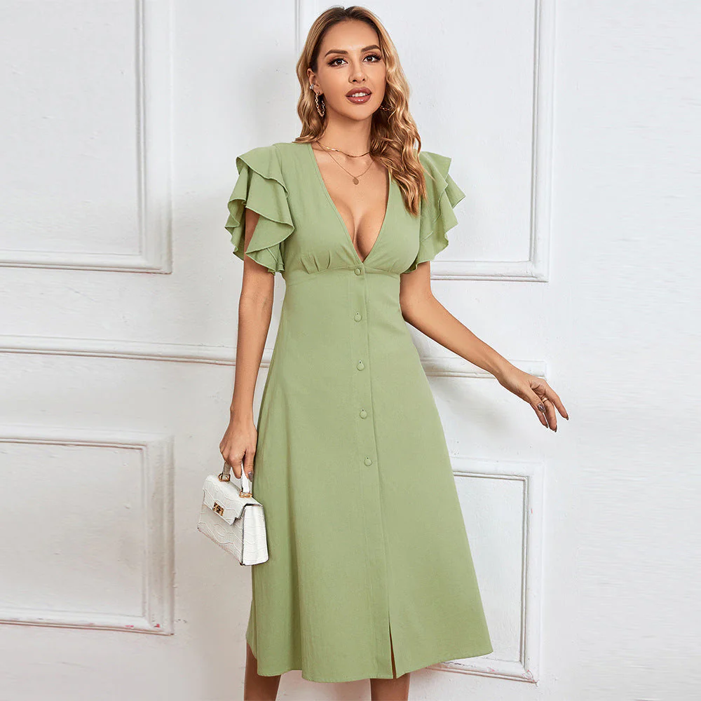 Damen Midikleid mit Voluminösen Rüschendetails und Tiefem V-Ausschnitt Heidi-Mode - Image 6