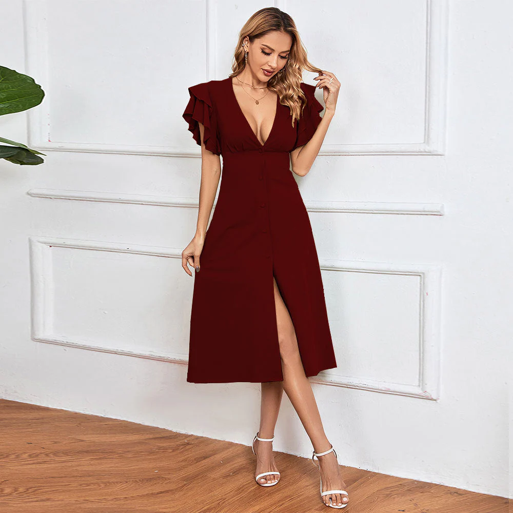 Damen Midikleid mit Voluminösen Rüschendetails und Tiefem V-Ausschnitt Heidi-Mode - Image 7