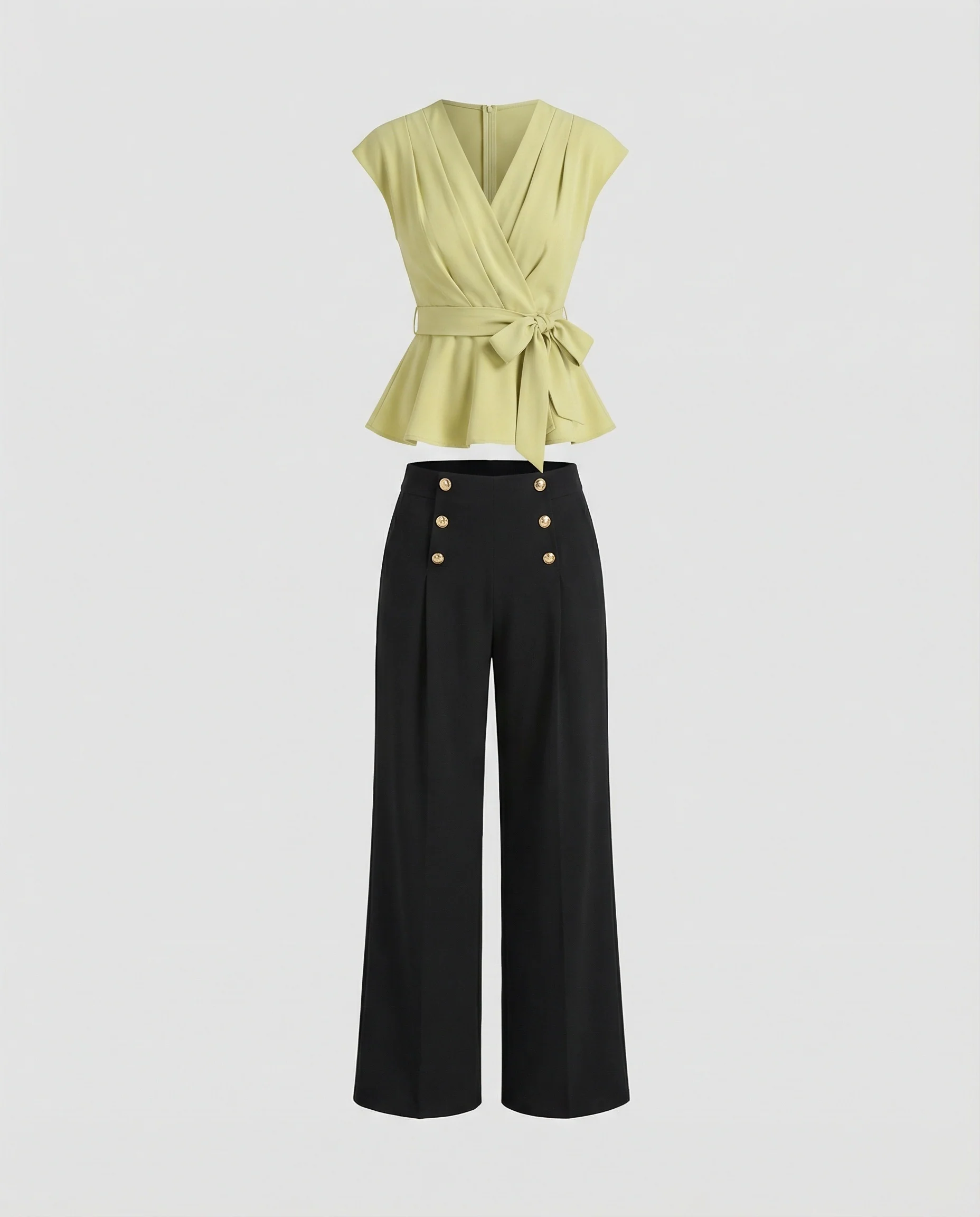 Damen Mode elegantes zweiteiliges Büro-Ensemble Wickelbluse mit Taillengürtel und weiter Marlenehose Heidi Mode - Image 4