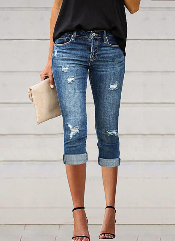 Damen modische 3/4 Jeans mit lässigen Used-Details Heidi-Mode
