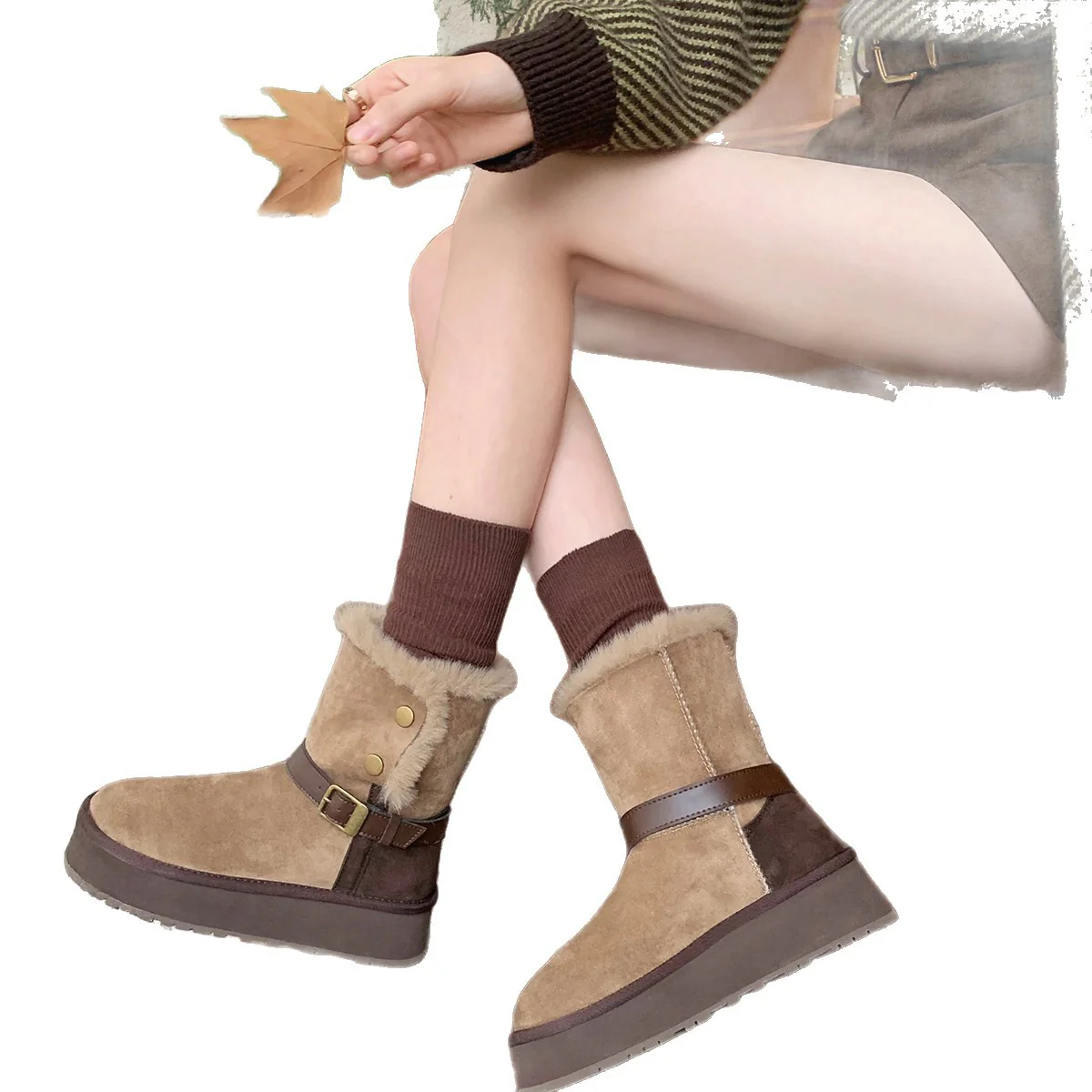 Damen modische Booties mit weichem Kunstfellkragen und praktischem Schnallenverschluss Heidi Mode - Image 5
