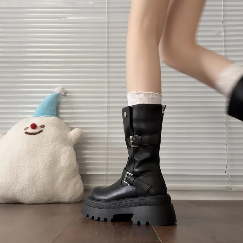 Damen modische kniehohe Stiefel mit verstellbarem Riemendesign und robustem Profil Heidi Mode - Image 2
