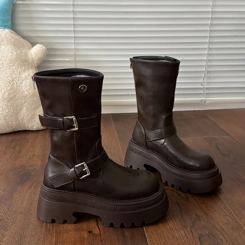 Damen modische kniehohe Stiefel mit verstellbarem Riemendesign und robustem Profil Heidi Mode - Image 3