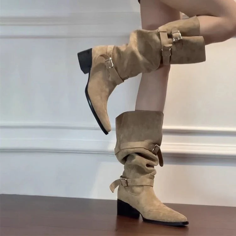 Damen Modische Overknee Stiefel mit verstellbaren Riemen und Blockabsatz Heidi Mode