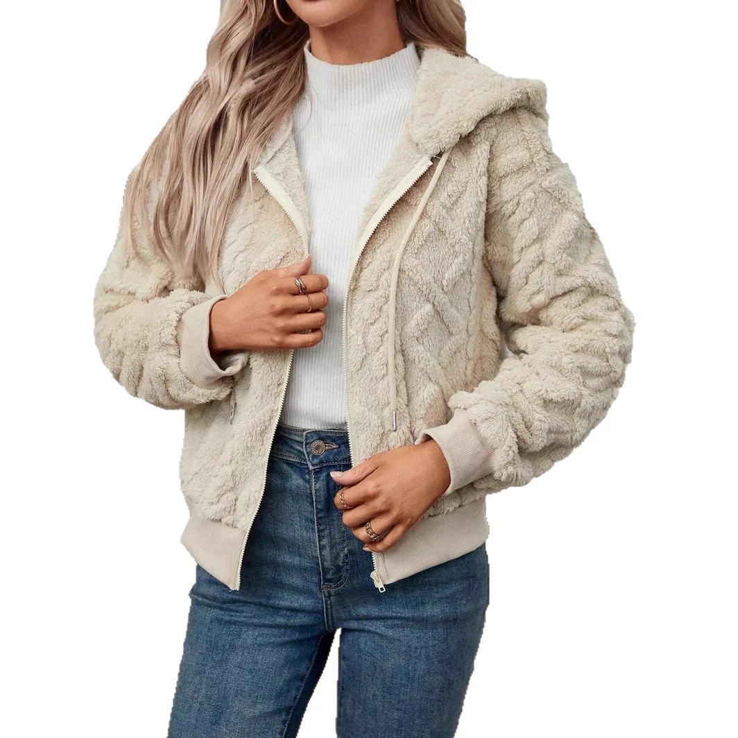 Damen modische Plüschjacke mit Kapuze und gerippten Bündchen Heidi-Mode - Image 5