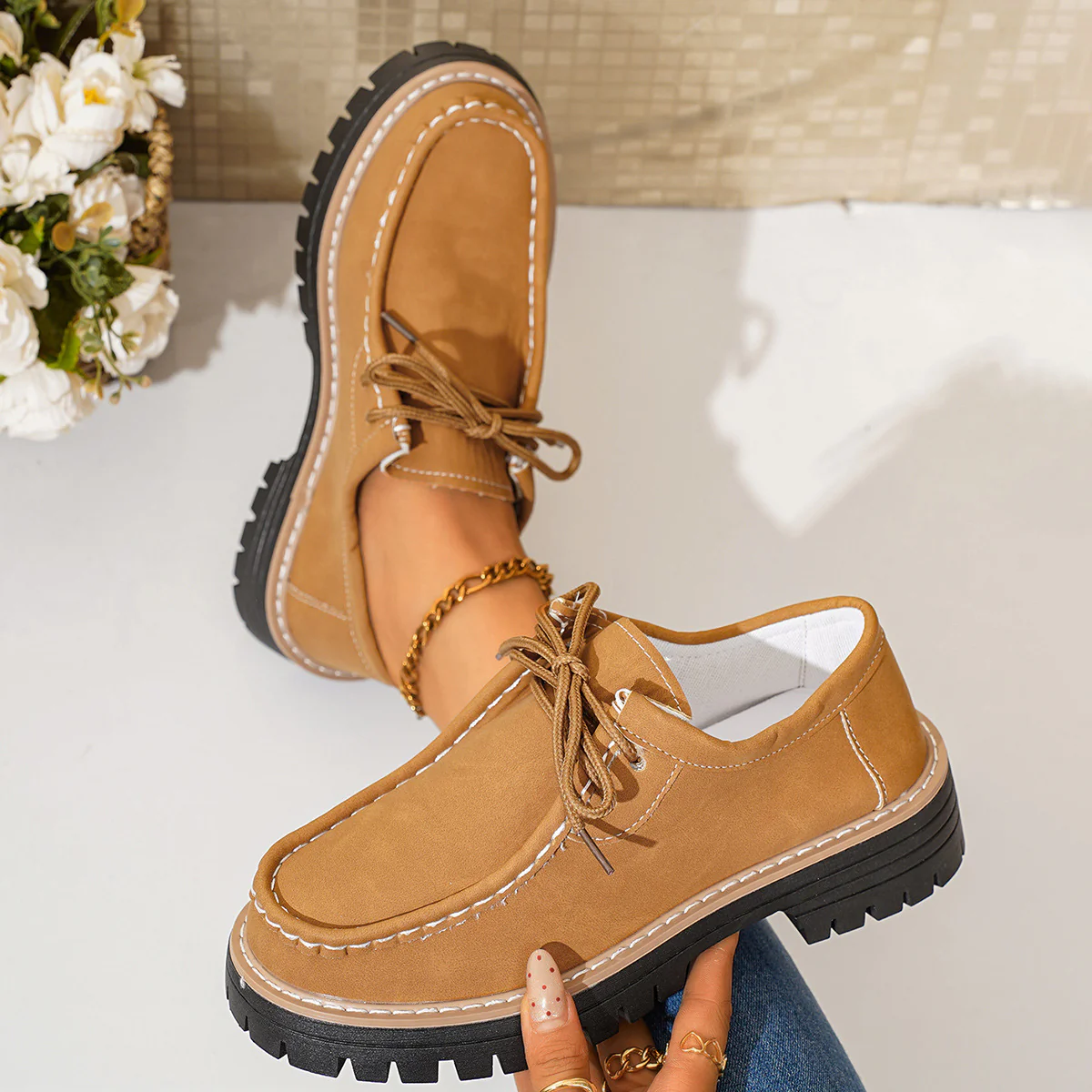 Damen modische Schnürschuhe mit robustem Profil und feinem Lederobermaterial Heidi Mode - Image 11