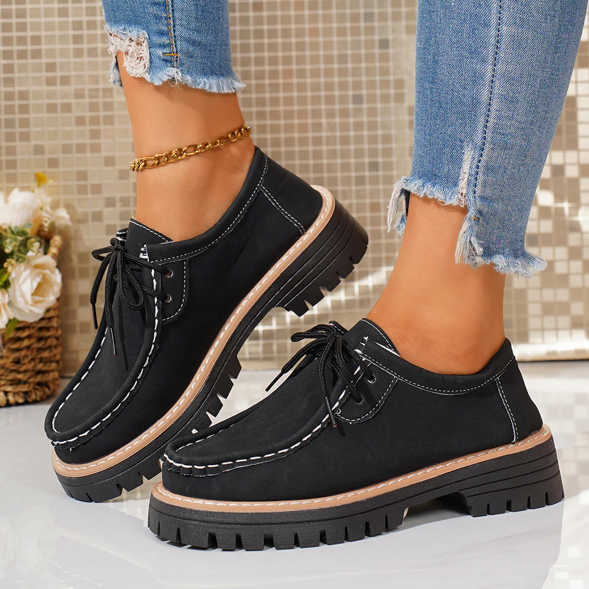 Damen modische Schnürschuhe mit robustem Profil und feinem Lederobermaterial Heidi Mode - Image 7